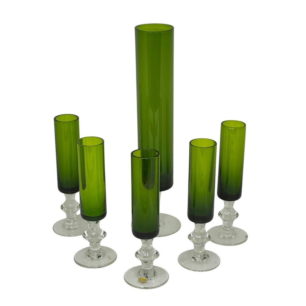 VTG Japan Glass Cordial Set Green Mid Century Modern Cylinder Stemware 6pc Set